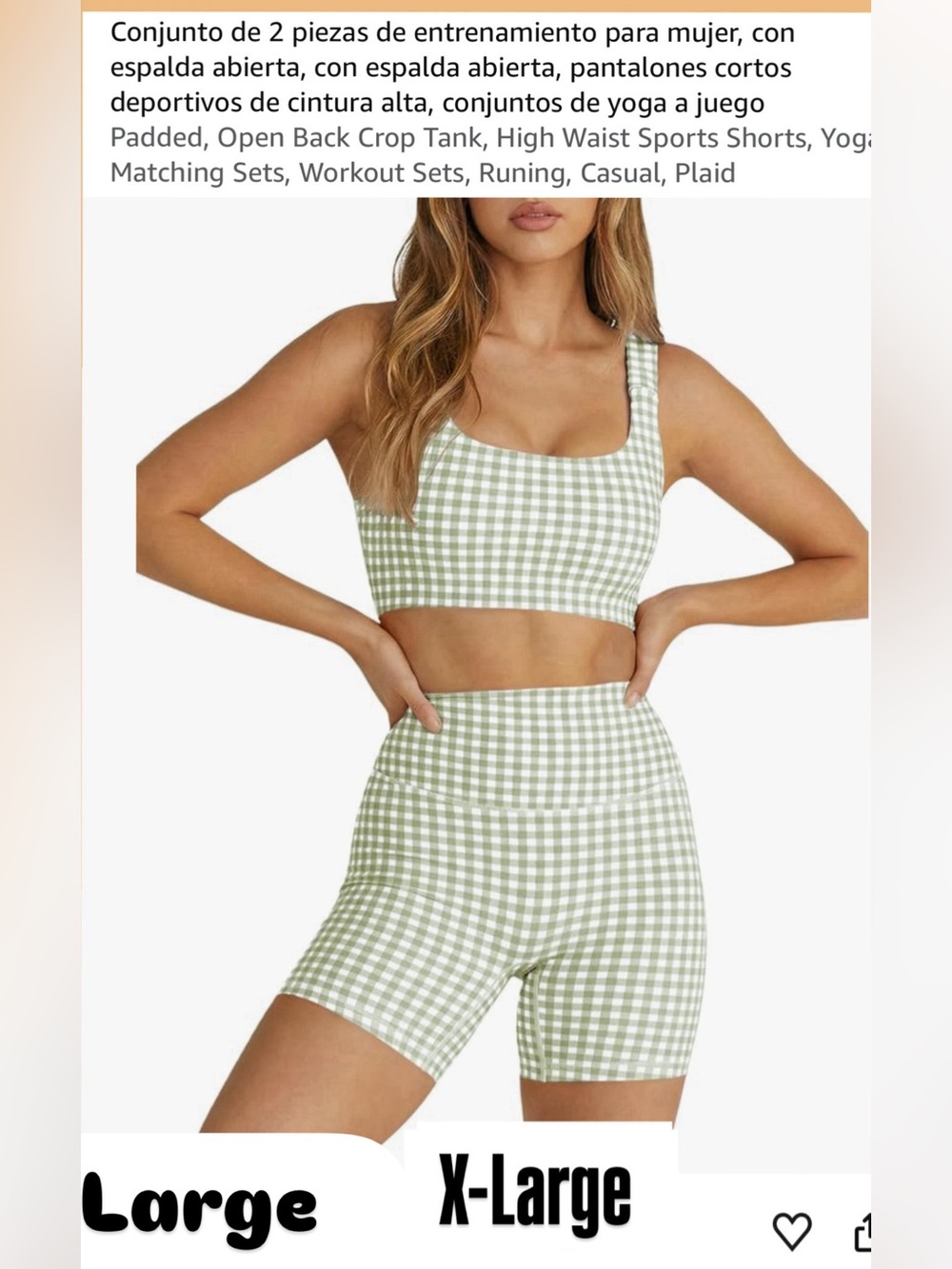 Amazon Women's Gingham Athletic Crop Tank & High-Waist Bike Shorts - Sage Green